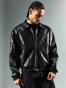 ROMWE MEN Men's Loose Fit PU Leather Jacket With Paisley Pattern - Black - View 2