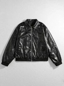 ROMWE MEN Men's Loose Fit PU Leather Jacket With Paisley Pattern - Black - View 9