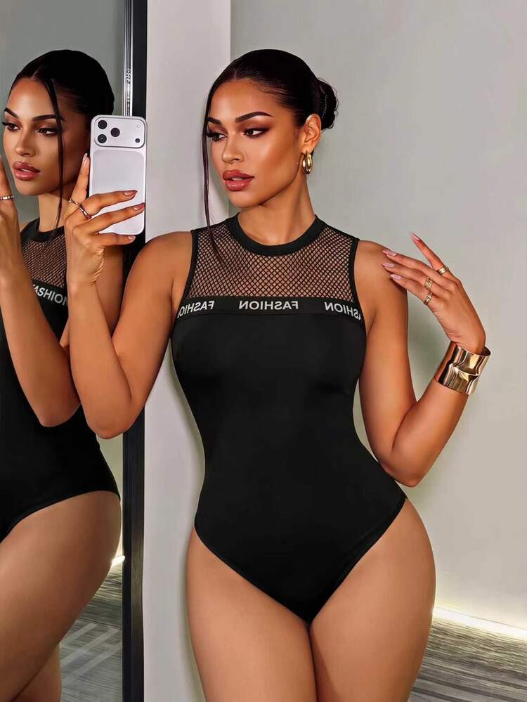 BamGleam Street Style Sexy Fishnet Sheer Bodysuit FASHION Letter Webbing Round Neck Bodysuit Going Out Night Out Black And White Summer - Black - View 3