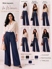 GlowEve CURVE Plus Size Women's Colorblock Pocket Button Casual Versatile Daily Wide Leg Pants Fall - Navy Blue - View 2