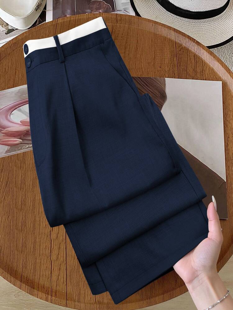 GlowEve CURVE Plus Size Women's Colorblock Pocket Button Casual Versatile Daily Wide Leg Pants Fall - Navy Blue - View 6