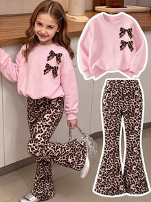 SHEIN Genkimix Kids Toddler Young Girls 3D Leopard-Print Bow Decor 2pcs/Pack Outfit Long Sleeve Top Flare Pants Set Halloween Christmas 7th Birthday Pink Baby - Multicolor - View 8
