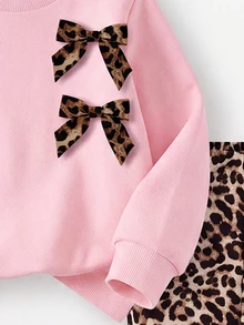 SHEIN Genkimix Kids Toddler Young Girls 3D Leopard-Print Bow Decor 2pcs/Pack Outfit Long Sleeve Top Flare Pants Set Halloween Christmas 7th Birthday Pink Baby - Multicolor - View 9