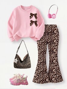 SHEIN Genkimix Kids Toddler Young Girls 3D Leopard-Print Bow Decor 2pcs/Pack Outfit Long Sleeve Top Flare Pants Set Halloween Christmas 7th Birthday Pink Baby - Multicolor - View 7