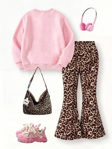 SHEIN Genkimix Kids Toddler Young Girls 3D Leopard-Print Bow Decor 2pcs/Pack Outfit Long Sleeve Top Flare Pants Set Halloween Christmas 7th Birthday Pink Baby - Multicolor - View 2