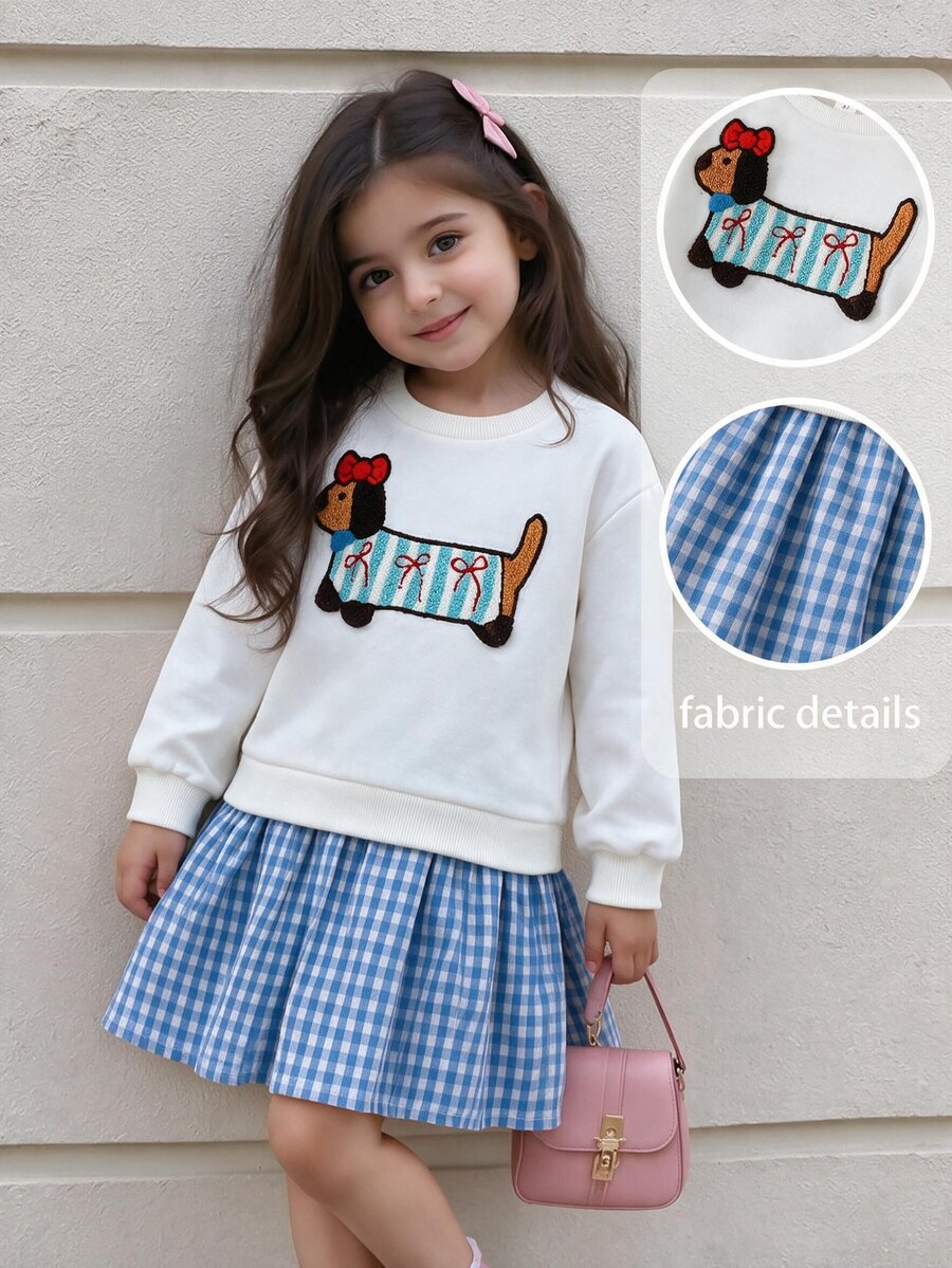 SHEIN Elladie kids Young Girl Cartoon Pattern Plaid Patchwork Casual Princess Fairy Daily 7th Birthday Wedding Autumn Dress Rainbow White, New Fall Styles, School - White - View 1