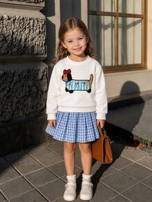 SHEIN Elladie kids Young Girl Cartoon Pattern Plaid Patchwork Casual Princess Fairy Daily 7th Birthday Wedding Autumn Dress Rainbow White, New Fall Styles, School - White - View 3