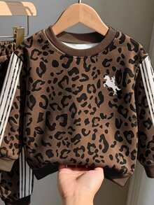 2pcs Baby Boys Leopard Print Pattern Crew Neck Fleece Long Sleeve Sweatshirt And Matching Fleece Long Pants Sweatpants Set, Suitable For Autumn/Winter - Multicolor - View 4