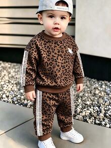 2pcs Baby Boys Leopard Print Pattern Crew Neck Fleece Long Sleeve Sweatshirt And Matching Fleece Long Pants Sweatpants Set, Suitable For Autumn/Winter - Multicolor - View 1
