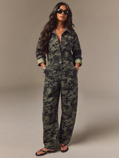 Athîral Denim Women's Relaxed Olive Green Denim Jumpsuit,Washed Finish,Long Sleeves,Button Front,Pockets,Camouflage,Autumn Modern Utility,Travel,Office Casual