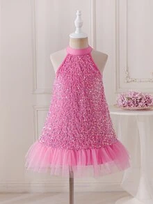 SHEIN Young Girl Shiny Sequin Halter Neck Princess Dress, Cute Sleeveless Mesh Ruffle Hem Party Gown For Christmas Birthday Dance - Hot Pink - View 4