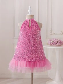 SHEIN Young Girl Shiny Sequin Halter Neck Princess Dress, Cute Sleeveless Mesh Ruffle Hem Party Gown For Christmas Birthday Dance - Hot Pink - View 2