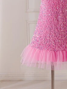 SHEIN Young Girl Shiny Sequin Halter Neck Princess Dress, Cute Sleeveless Mesh Ruffle Hem Party Gown For Christmas Birthday Dance - Hot Pink - View 6