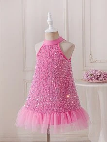 SHEIN Young Girl Shiny Sequin Halter Neck Princess Dress, Cute Sleeveless Mesh Ruffle Hem Party Gown For Christmas Birthday Dance - Hot Pink - View 3