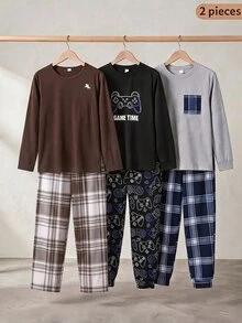Teen Boy Knight Print Long Sleeve Top And Plaid Long Pants Loungewear - Multicolor - View 8