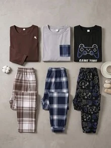 Teen Boy Knight Print Long Sleeve Top And Plaid Long Pants Loungewear - Multicolor - View 1