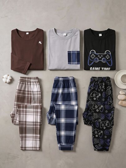 Teen Boy Knight Print Long Sleeve Top And Plaid Long Pants Loungewear