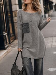 Holdful Holdful Women's Autumn/Winter Boat Neck Drop Shoulder Mid-Length Knit Sweater Dress Contrast Color Patch Pockets Ribbed Sleeves Casual Commute Travel - Multicolor - View 5