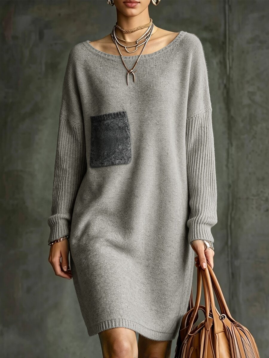 Holdful Holdful Women's Autumn/Winter Boat Neck Drop Shoulder Mid-Length Knit Sweater Dress Contrast Color Patch Pockets Ribbed Sleeves Casual Commute Travel - Multicolor - View 1