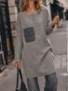 Holdful Holdful Women's Autumn/Winter Boat Neck Drop Shoulder Mid-Length Knit Sweater Dress Contrast Color Patch Pockets Ribbed Sleeves Casual Commute Travel - Multicolor - View 3