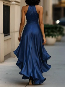 SHEIN LUNE Women's Midnight Elegant Satin Backless Sleeveless Ruffle Dress, Suitable For Evening Parties, Festivals, And Everyday Wear. - Navy Blue - View 2
