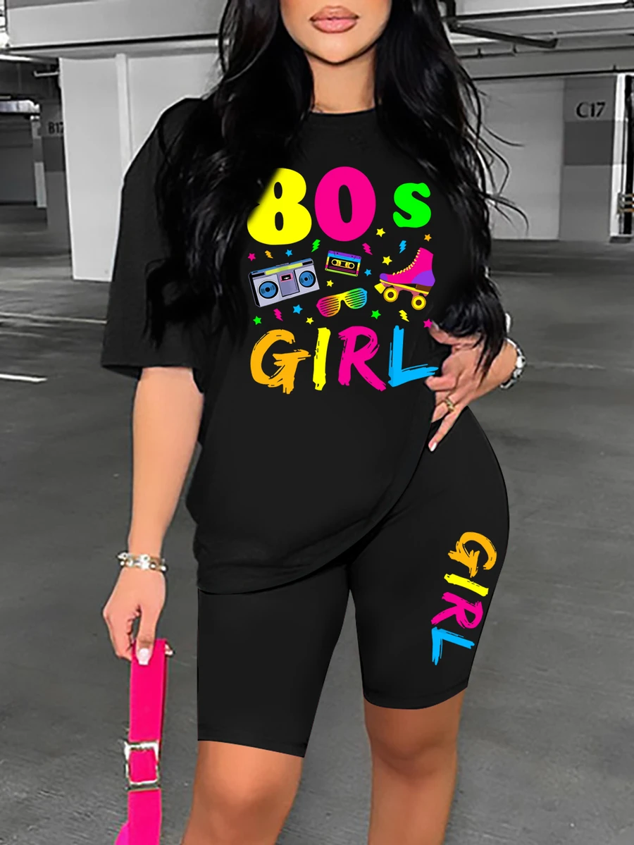 Zolique Women's Letter Printed Round Neck T-Shirt And Shorts Set - Black - View 1
