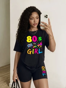 Zolique Women's Letter Printed Round Neck T-Shirt And Shorts Set - Black - View 3
