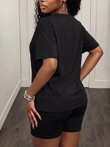 Zolique Women's Letter Printed Round Neck T-Shirt And Shorts Set - Black - View 2