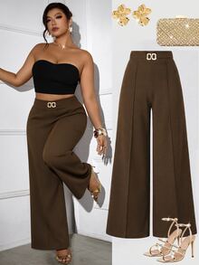 Femmeverse Pantalones largos holgados versátiles de talla grande para uso diario y oficina - Marrón - Ver 1