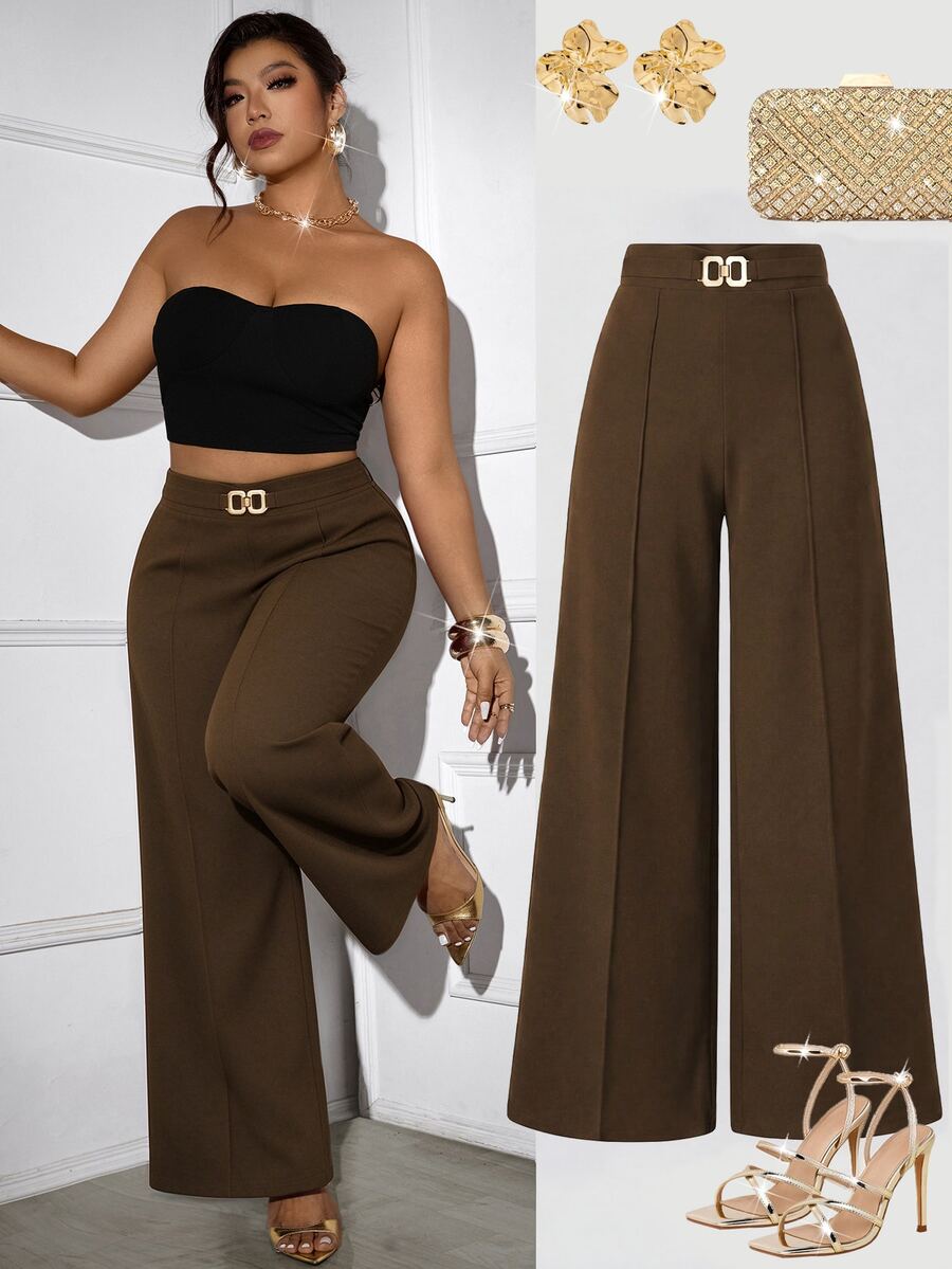 Femmeverse Pantalones largos holgados versátiles de talla grande para uso diario y oficina - Marrón - Ver 1
