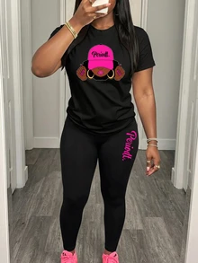 Zolique Women Casual Round Neck Short Sleeve T-Shirt And Leggings Set With Character Print For Daily Wear In Spring And Summer - Black - View 3