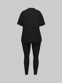 Zolique Women Casual Round Neck Short Sleeve T-Shirt And Leggings Set With Character Print For Daily Wear In Spring And Summer - Black - View 2