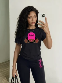 Zolique Women Casual Round Neck Short Sleeve T-Shirt And Leggings Set With Character Print For Daily Wear In Spring And Summer - Black - View 1