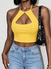 Zolique Women's Plain Color Halter Neck Tank Tops, Simple & Fashionable, Suitable For Summer Yellow Crop Top - Yellow - View 1