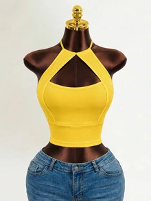 Zolique Women's Plain Color Halter Neck Tank Tops, Simple & Fashionable, Suitable For Summer Yellow Crop Top - Yellow - View 6