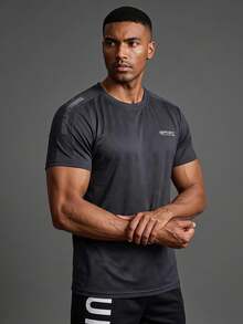 Coreblaze Boyfriend Style Men's Crew Neck Short Sleeve Letter Print Activewear Top, Casual Everyday Wear - Grey - View 1