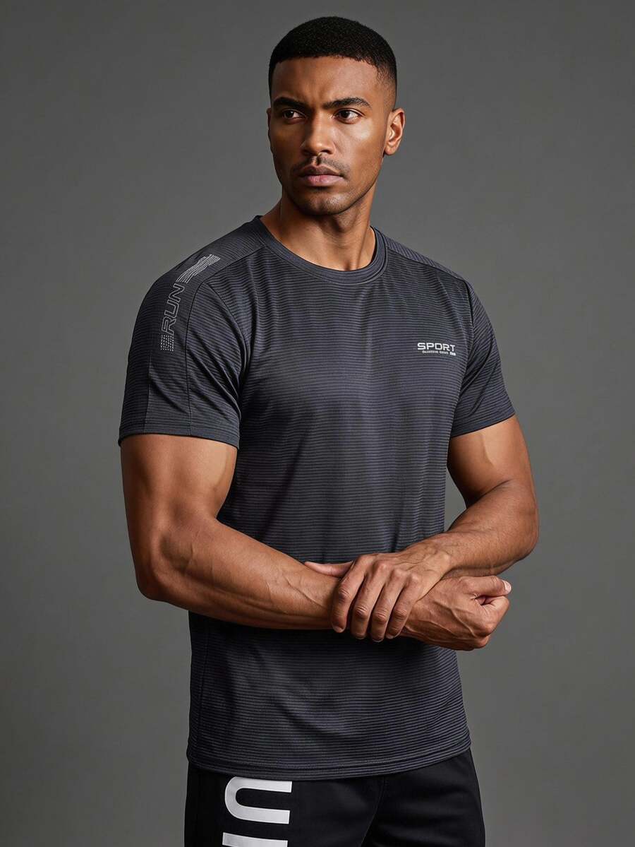 Coreblaze Boyfriend Style Men's Crew Neck Short Sleeve Letter Print Activewear Top, Casual Everyday Wear - Grey - View 1