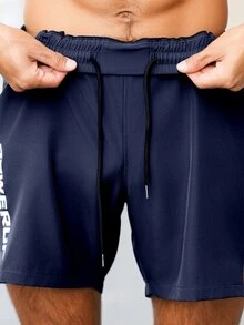 Coreblaze Men's Letter Print Pocket Loose Fit Sports Shorts, Gym - Navy Blue - View 3