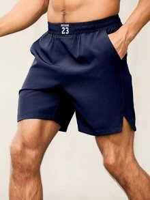 Coreblaze Men's Letter Print Pocket Loose Fit Sports Shorts, Gym - Navy Blue - View 6