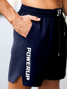 Coreblaze Men's Letter Print Pocket Loose Fit Sports Shorts, Gym - Navy Blue - View 7