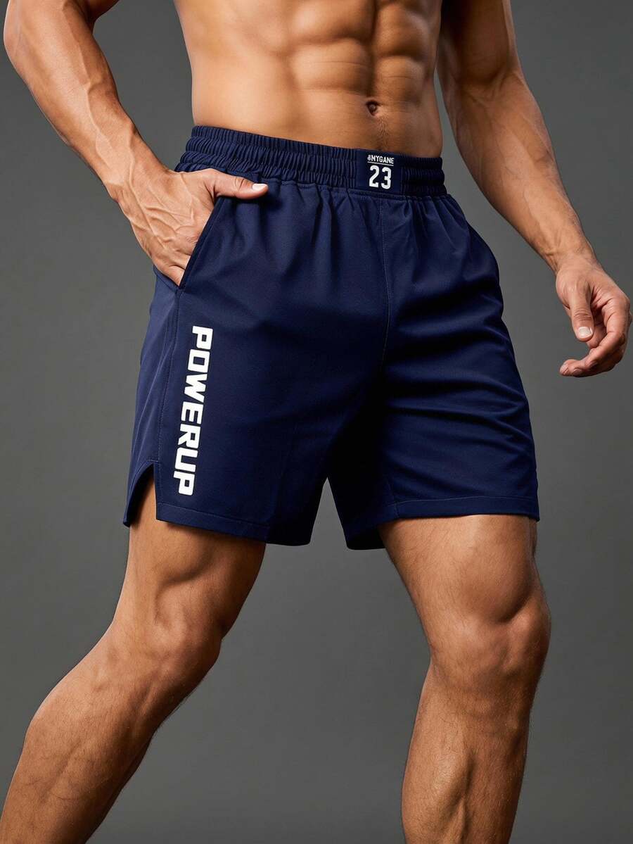Coreblaze Men's Letter Print Pocket Loose Fit Sports Shorts, Gym - Navy Blue - View 1