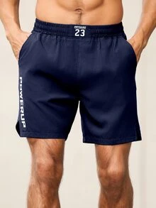 Coreblaze Men's Letter Print Pocket Loose Fit Sports Shorts, Gym - Navy Blue - View 4