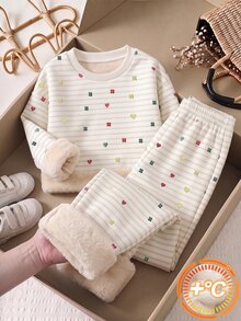 Elladie kids 女童愛心花朵條紋保暖內裡加厚運動衫與寬腿褲2件套，甜美休閒秋冬日常上學穿搭 - 白色 - 查看 3