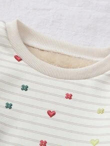 Elladie kids 女童愛心花朵條紋保暖內裡加厚運動衫與寬腿褲2件套，甜美休閒秋冬日常上學穿搭 - 白色 - 查看 7