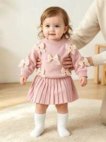 SHEIN Playful Pals 女童粉色蝴蝶結裝飾針織毛衣與百褶裙套裝，柔軟舒適，甜美時尚風格，適合幼兒至大童的時尚穿搭，柔軟舒適 - 粉色 - 查看 8