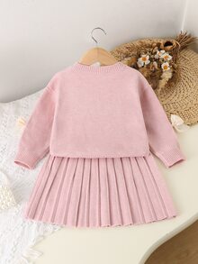 SHEIN Playful Pals 女童粉色蝴蝶結裝飾針織毛衣與百褶裙套裝，柔軟舒適，甜美時尚風格，適合幼兒至大童的時尚穿搭，柔軟舒適 - 粉色 - 查看 2