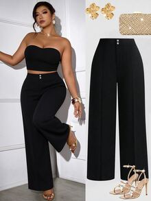 Femmeverse Plus Size Casual Straight Leg Solid Color Formal Pants Graduation,Back To School,Teacher Outfits For Women Winter Fall Autumn - Black - View 1