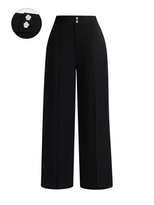 Femmeverse Plus Size Casual Straight Leg Solid Color Formal Pants Graduation,Back To School,Teacher Outfits For Women Winter Fall Autumn - Black - View 3
