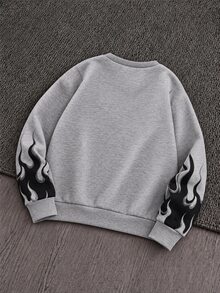 SHEIN Genkimix Kids 1件男童街頭時尚火焰圖案圓領套頭長袖運動衫，適合秋冬/春夏，校園休閒運動街頭穿搭，時尚舒適 - 灰色 - 查看 2