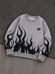 SHEIN Genkimix Kids 1件男童街頭時尚火焰圖案圓領套頭長袖運動衫，適合秋冬/春夏，校園休閒運動街頭穿搭，時尚舒適 - 灰色 - 查看 1